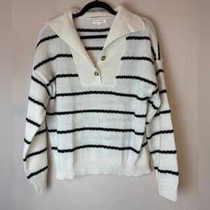 Stitch Fix Blu Pepper Collared Cropped Polo Sweater White Black Stripe Large